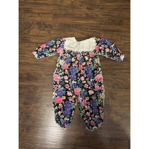 Vintage 90s Rhomper Jumpsuit Girls 24 Months 100% Cotton Floral Lace Collar